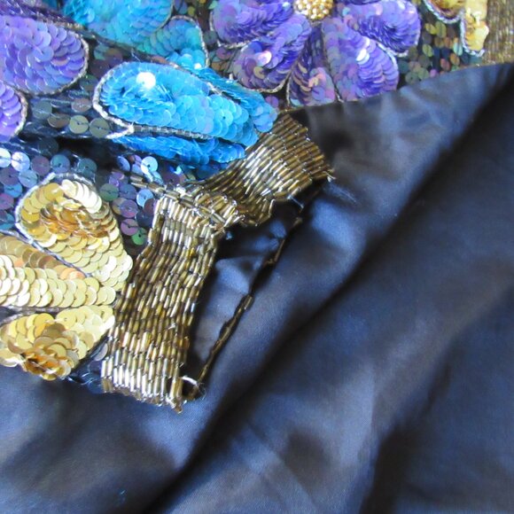 Vintage Evening Sequin Evening Jacket Mod Floral Designer Silk Colorful - Picture 6 of 13